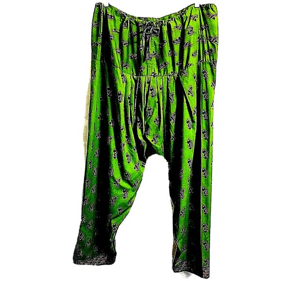 Jeannie Festival Belly Dance Haram Pants Ethnic Floral Green Pink Women L? XL? - Picture 1 of 5